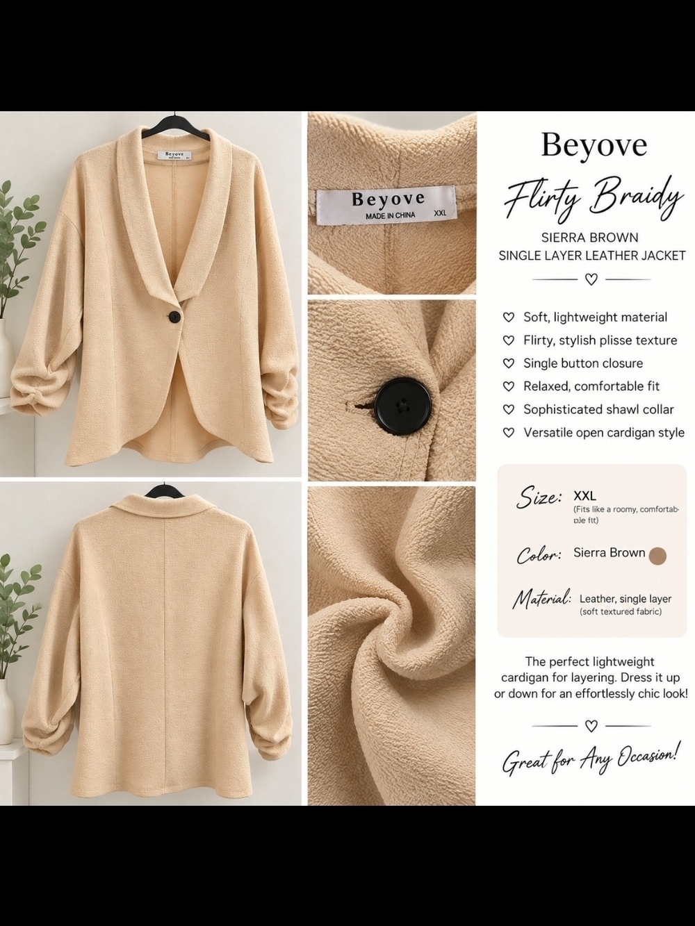 Sierra Brown Shawl-Collar Single-Button Jacket